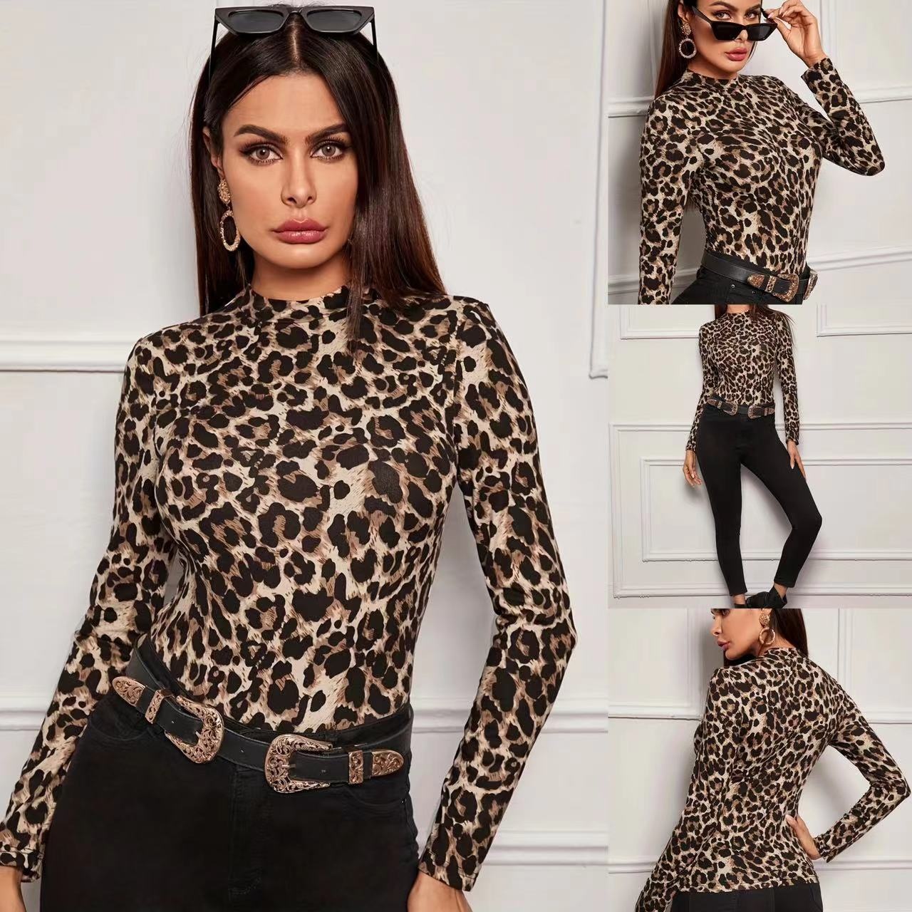 Leopard Print Long Sleeve Crop Top Fashion Slim T-shirts Thermal Underwear